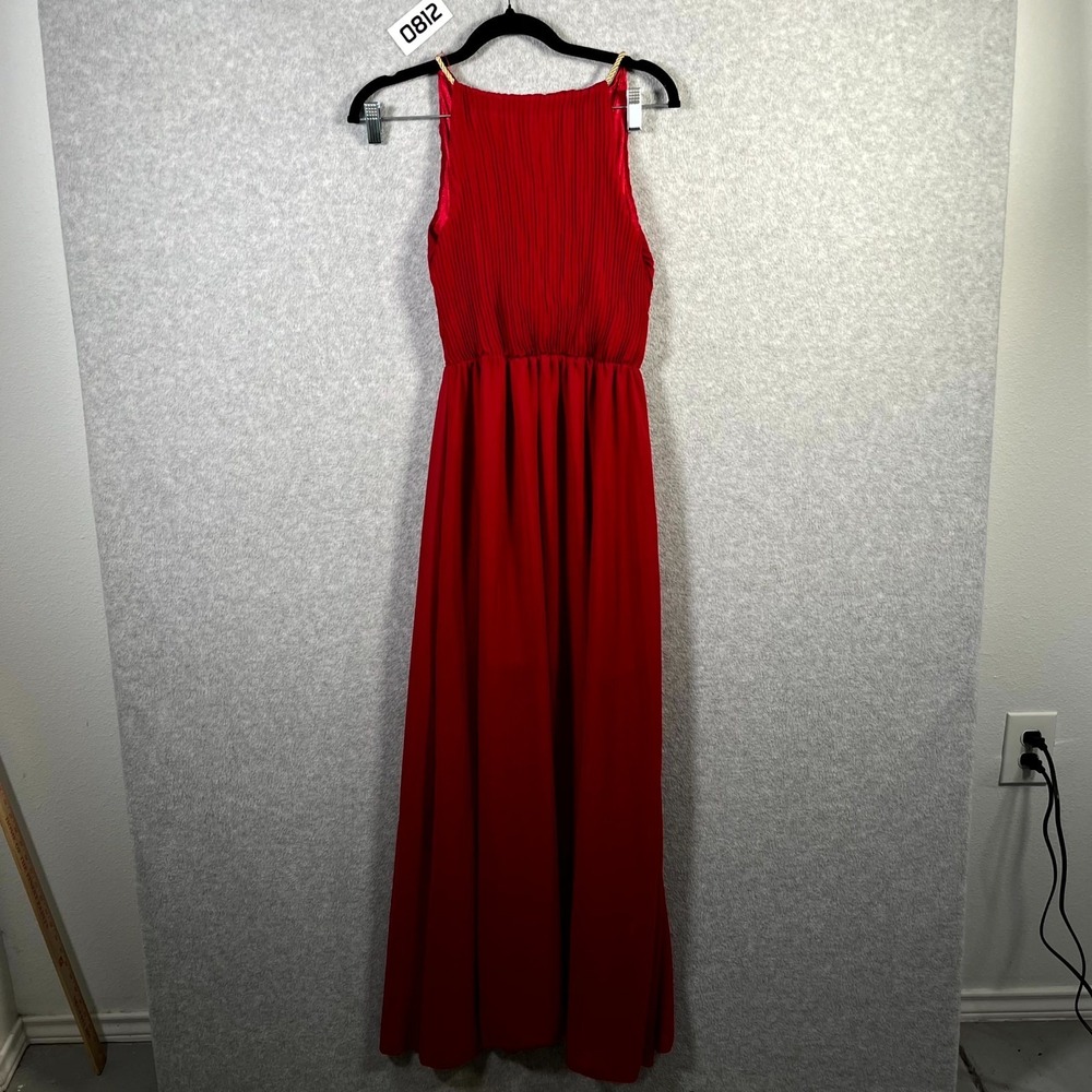 Yu Fei Maxi Dress Women Medium Red Pleated Cotton Front Halter Gold Chain Formal